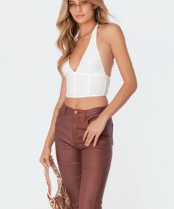 S11426_white Gathered Mesh Halter Top Tops