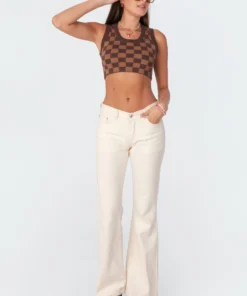 S11345_brown Bobby Knitted Check Crop Top