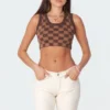 S11345_brown Bobby Knitted Check Crop Top