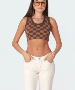 S11345_brown Bobby Knitted Check Crop Top