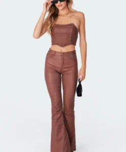 1030_brown Luna Faux Leather Stretch Corset Tops