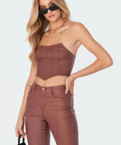 Edikted Shop 21 1030_brown Luna Faux Leather Stretch Corset Tops