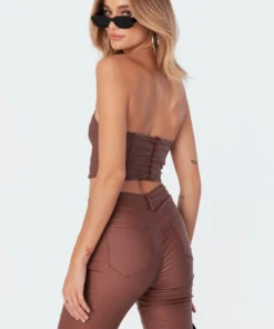 1030_brown Luna Faux Leather Stretch Corset Tops