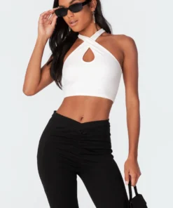 S11356_white Alexis Cross Halter Top
