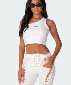S11360_white Tops Muse Ribbed One-Shoulder Top