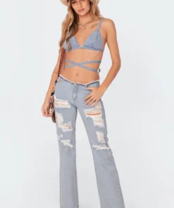 S11352_blue Tops Denim Strap Bralette Top