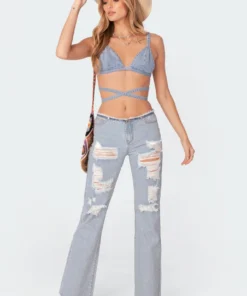 S11352_blue Tops Denim Strap Bralette Top