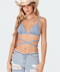 S11352_blue Tops Denim Strap Bralette Top