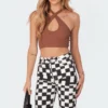 S11356_brown Tops Alexis Cross Halter Top