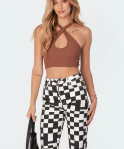 S11356_brown Tops Alexis Cross Halter Top