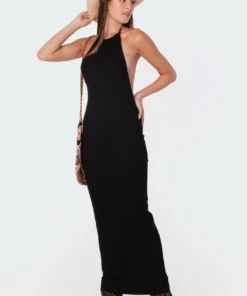 S11433_black Dresses Ribbed Open-Back Maxi Dress