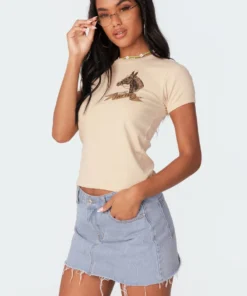 S11422_beige Saddle T-Shirt Tops