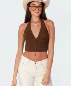 S11426_brown Tops Gathered Mesh Halter Top