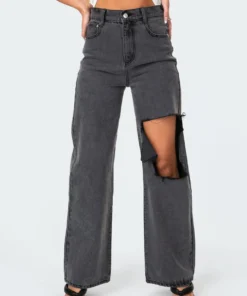 2006_gray High-Key Ripped Wide Jeans