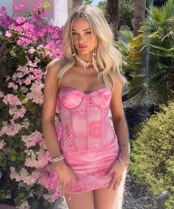 S12140_PINK Rosie Printed Mesh Corset Top